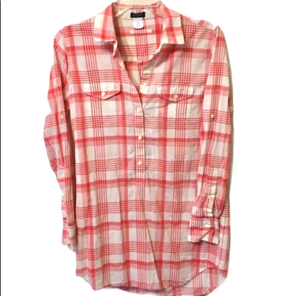 J.Crew Red White Plaid Pullover Shirt Long Sleeve Half Button Front Top XS